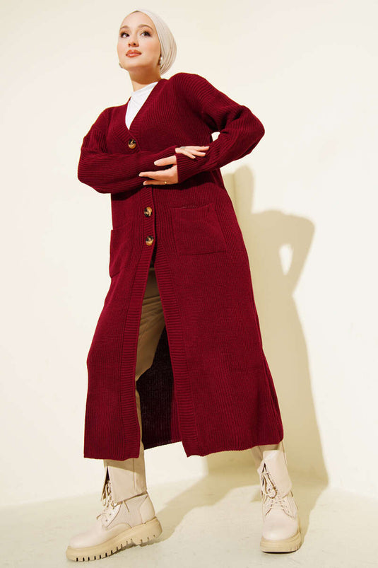 Buttoned Pocket Long Knit Cardigan Burgundy