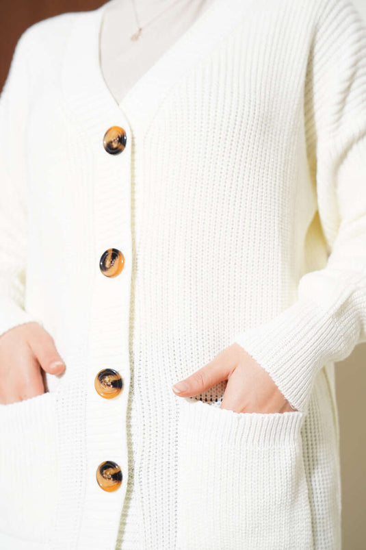 Lange Gebreide Cardigan Met Knoopzakken In Ecru