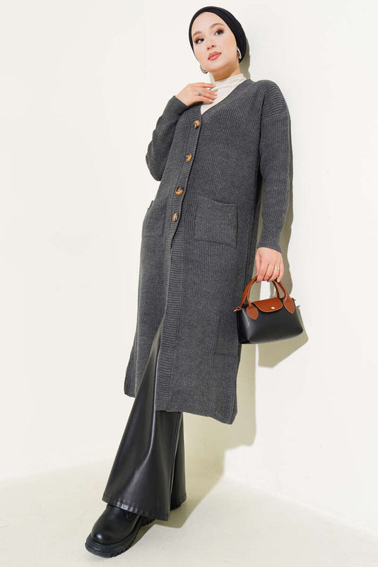 Gilet En Maille Long À Boutons Avec Poches, Couleur Fumé