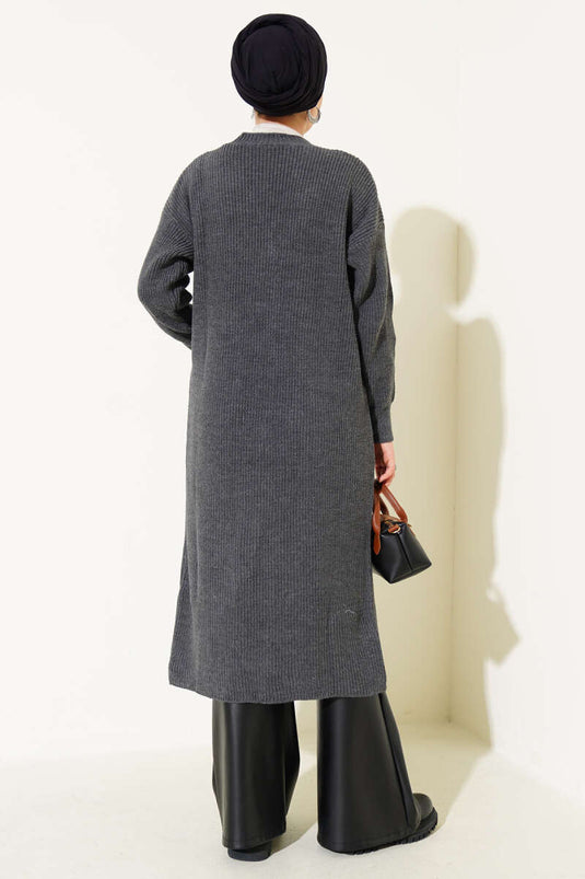 Long Knitted Cardigan with Buttons and Pockets, Smoke