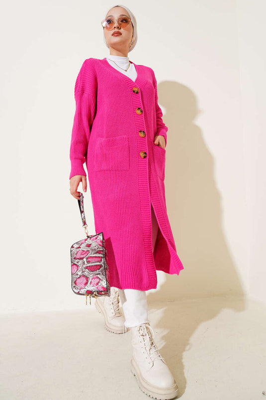 Long Knitted Cardigan with Buttons and Pockets, Fuchsia