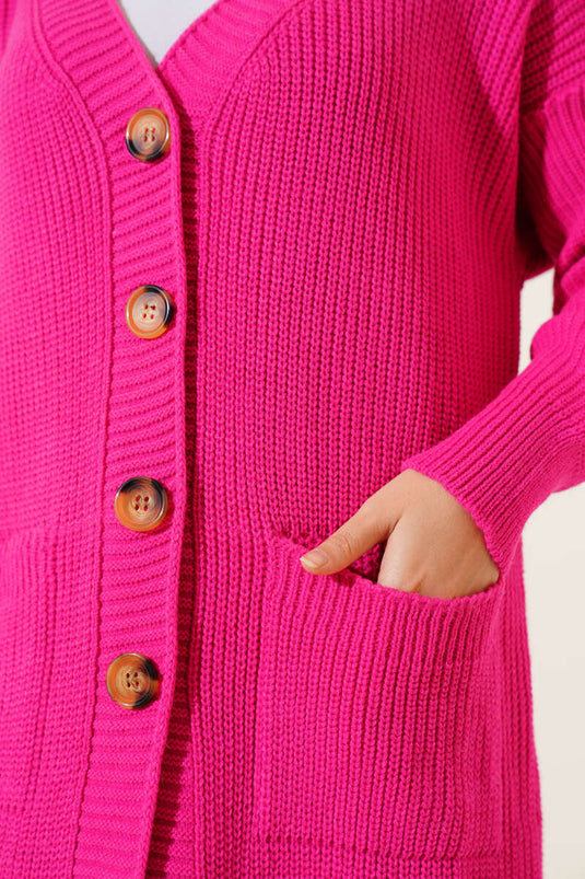 Long Knitted Cardigan with Buttons and Pockets, Fuchsia