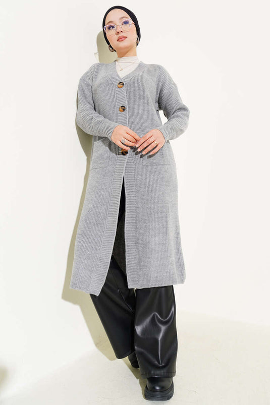 Gilet Long En Tricot À Boutons Avec Poches Gris