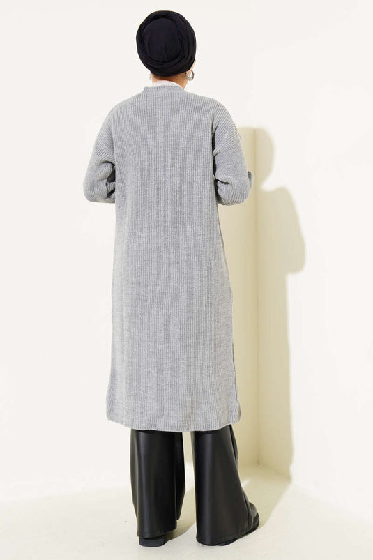 Gilet Long En Tricot À Boutons Avec Poches Gris