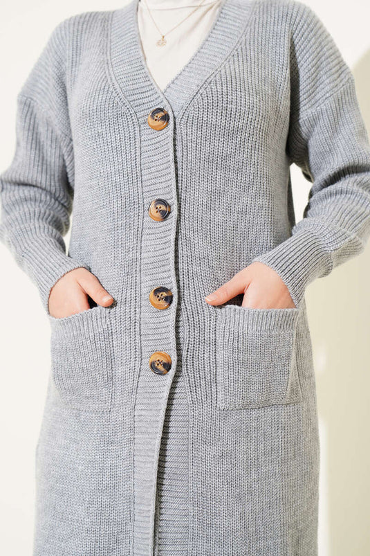 Gilet Long En Tricot À Boutons Avec Poches Gris