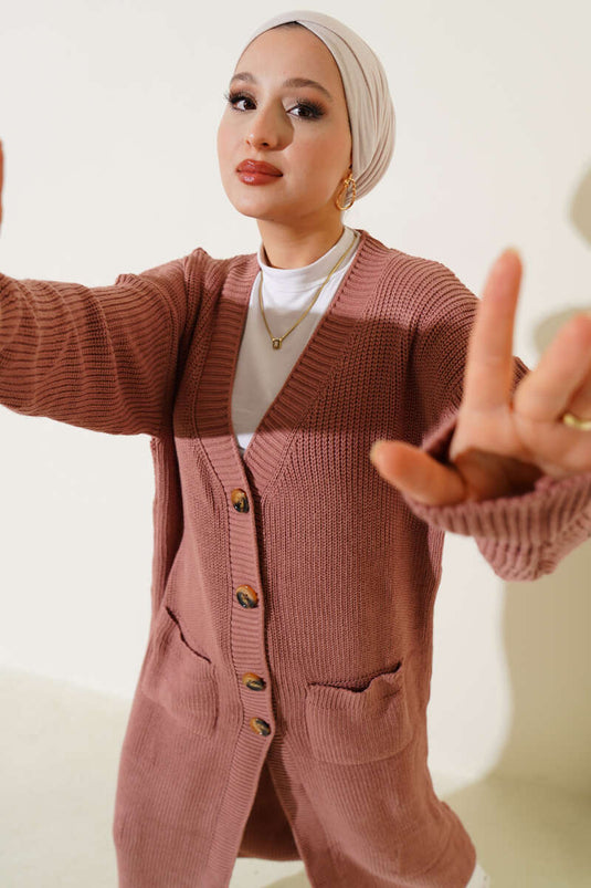 Cardigan long en maille avec boutons et poches, rose poudré