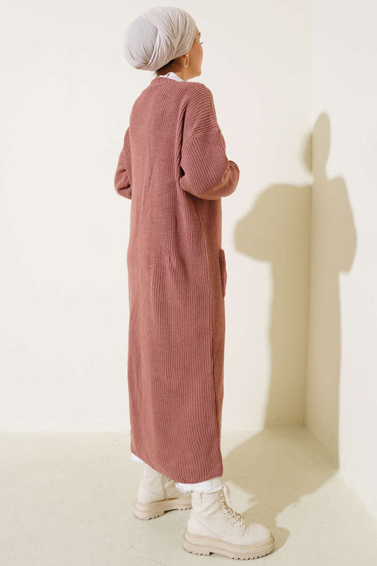 Cardigan long en maille avec boutons et poches, rose poudré