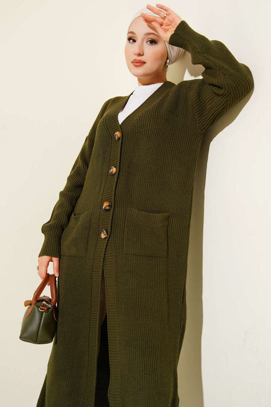 Cardigan long en maille avec poches boutonnées kaki