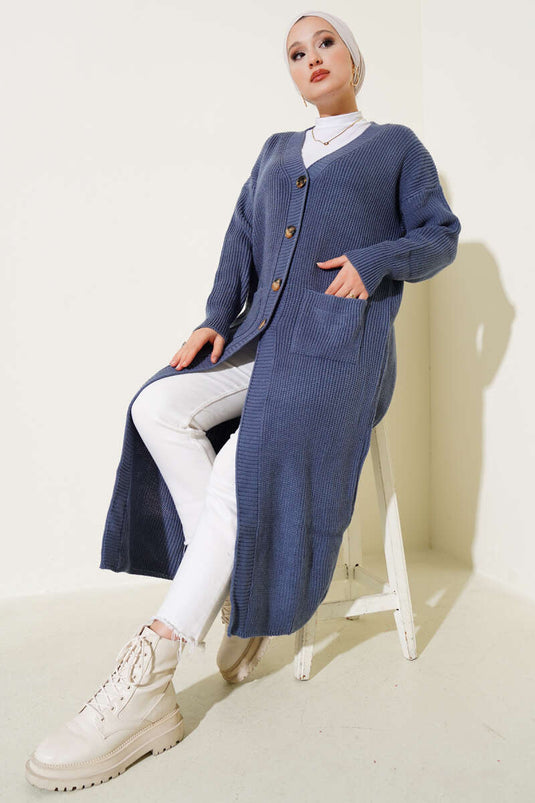 كارديجان طويل محبوك بأزرار وجيوب، نيلي