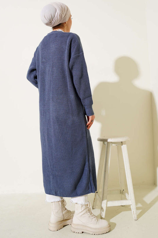 كارديجان طويل محبوك بأزرار وجيوب، نيلي