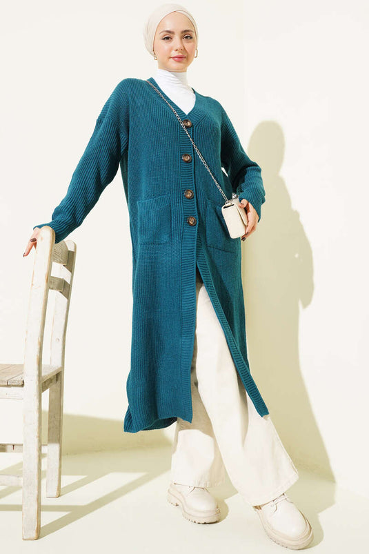 كارديغان صوفي طويل بأزرار وجيوب لون بترولي