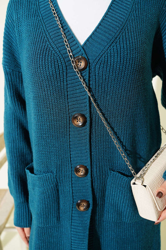 كارديغان صوفي طويل بأزرار وجيوب لون بترولي