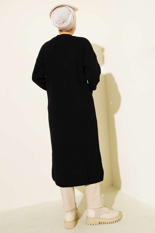 Long Knitted Cardigan with Buttons and Pockets, Black