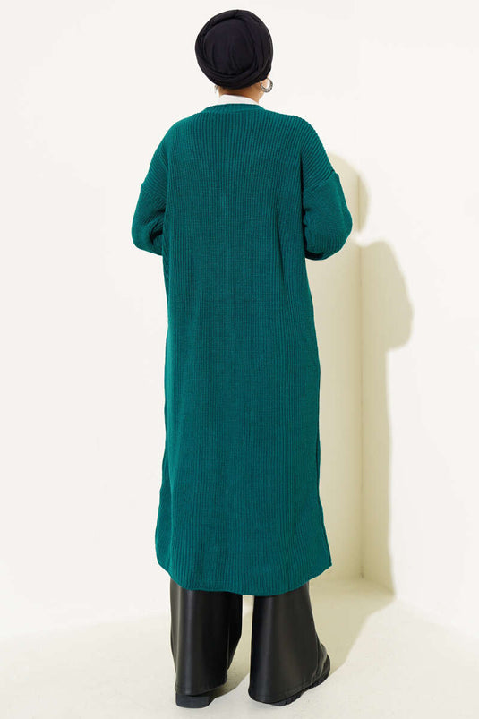 Buttoned Pocket Long Knitted Cardigan Emerald