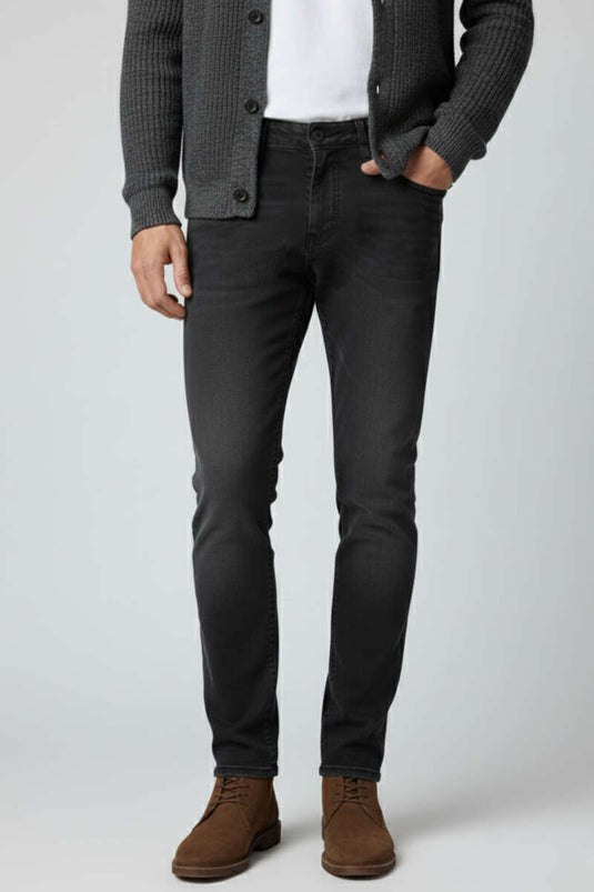 Buttoned Narrow-Leg Stretch Men's Denim Trousers Smoke Gray