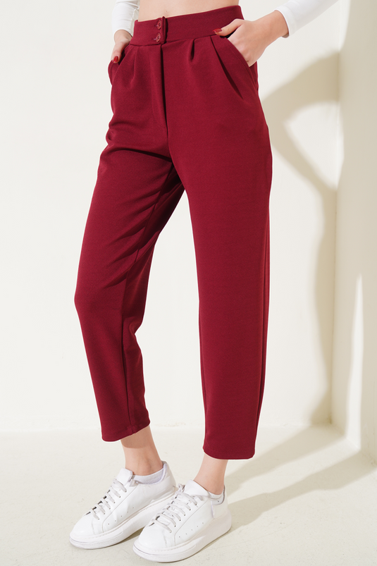 Buttoned Skinny Leg Trousers Burgundy