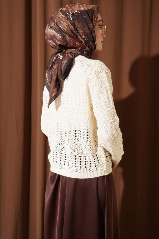 Cardigan court ajouré à motifs avec boutons beige