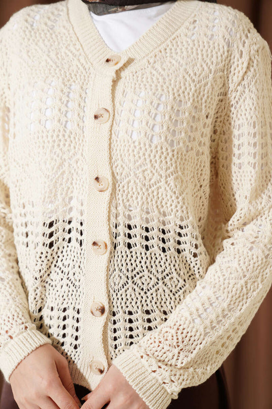 Cardigan court ajouré à motifs avec boutons beige