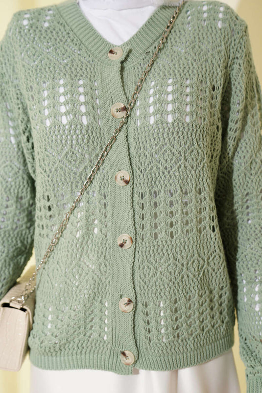 Cardigan court ajouré à motifs avec boutons, couleur menthe