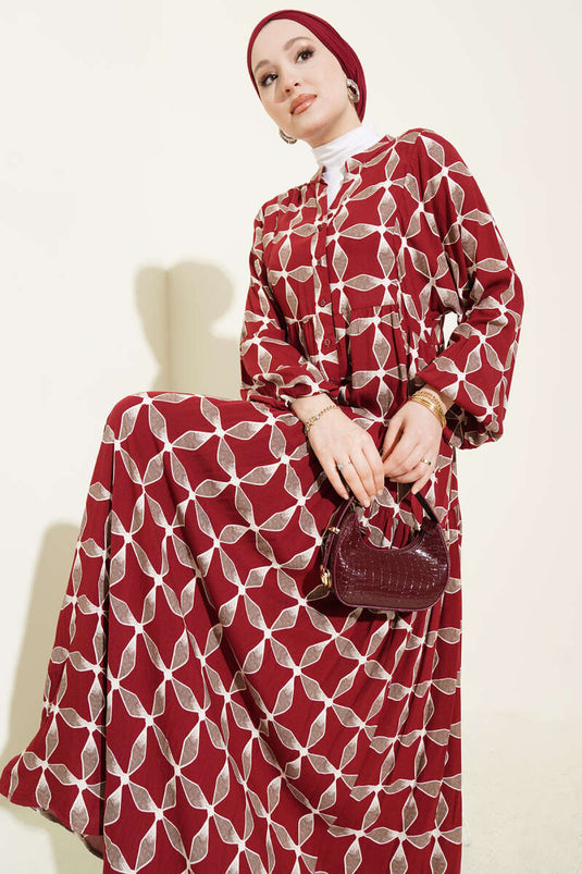 Kleid mit Knöpfen, Muster und elastischem Handgelenk in Bordeaux