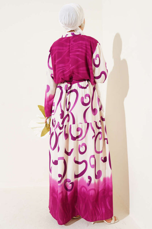 Buttoned Patterned Rope Belted Dress Purple