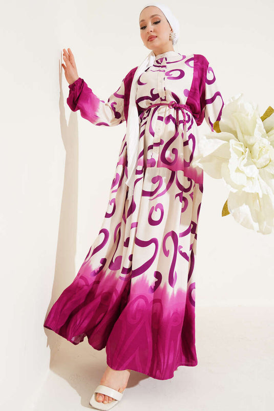 Buttoned Patterned Rope Belted Dress Purple