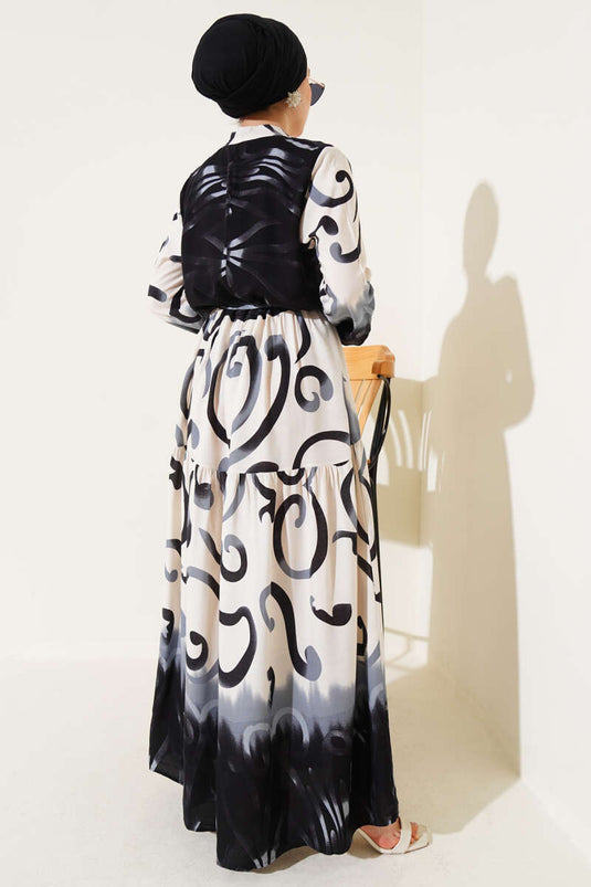 Buttoned Patterned Rope Belted Dress Black