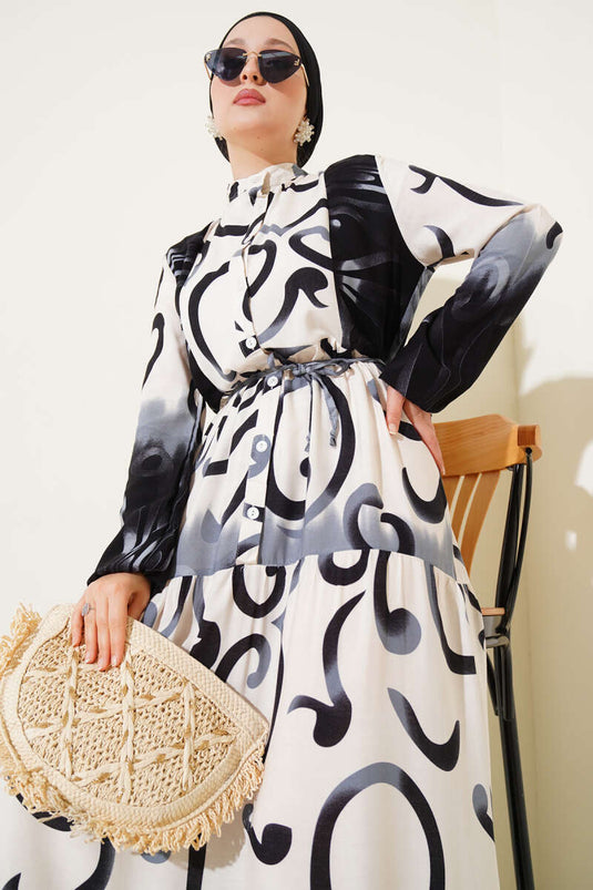 Buttoned Patterned Rope Belted Dress Black