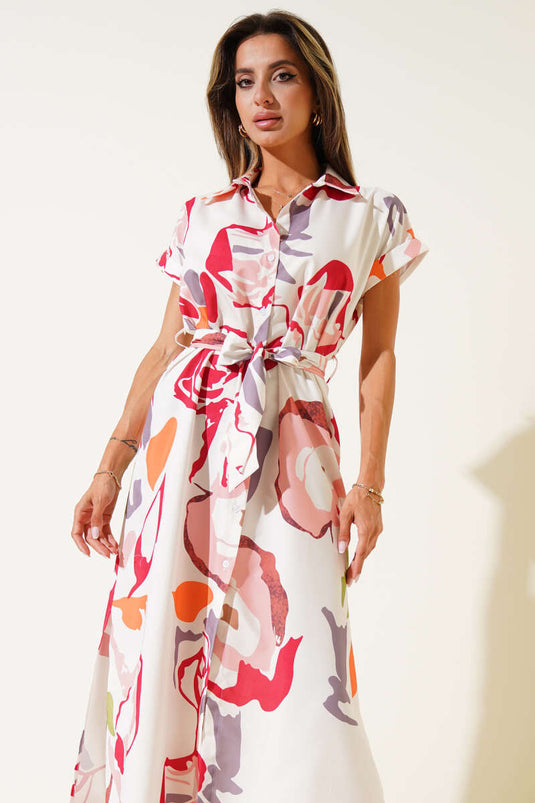 Buttoned Patterned Midi Dress Powder Pink