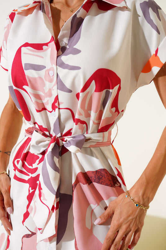 Buttoned Patterned Midi Dress Powder Pink