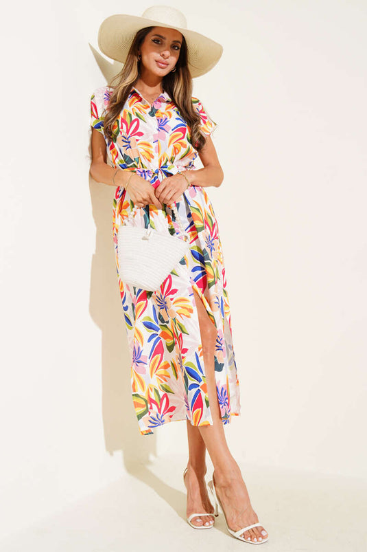 Robe midi jaune à boutons et à motifs