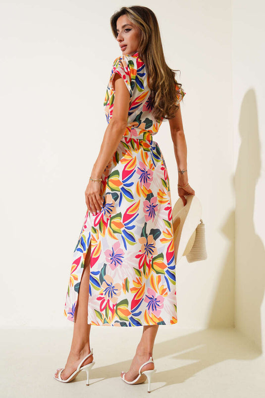 Robe midi jaune à boutons et à motifs