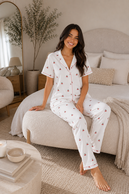Düğmeli Desenli Pijama Takımı Ekru