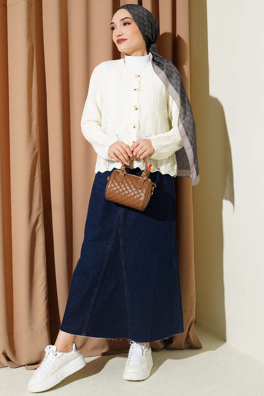 Buttoned Patterned Knit Short Openwork Cardigan Ecru