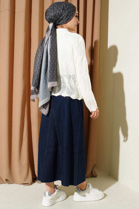Buttoned Patterned Knit Short Openwork Cardigan Ecru