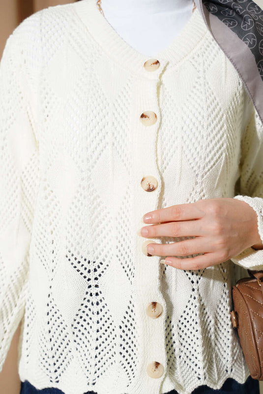 Buttoned Patterned Knit Short Openwork Cardigan Ecru