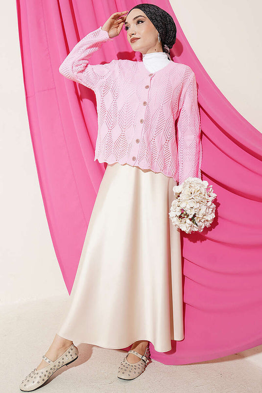 Cardigan corto traforato in maglia con bottoni, rosa