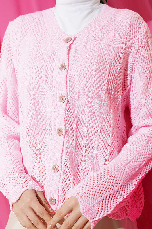 Cardigan corto traforato in maglia con bottoni, rosa