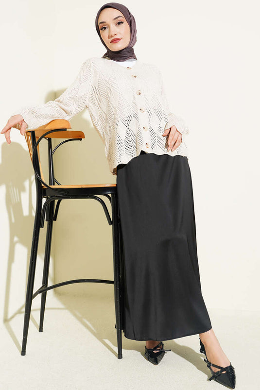 Buttoned Patterned Knit Short Openwork Cardigan Stone