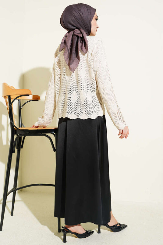 Buttoned Patterned Knit Short Openwork Cardigan Stone
