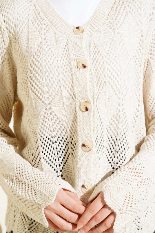 Buttoned Patterned Knit Short Openwork Cardigan Stone