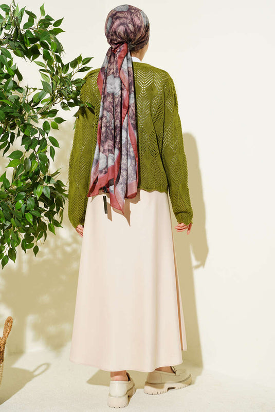 Buttoned Patterned Knit Short Openwork Cardigan Green
