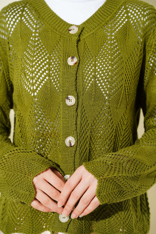 Buttoned Patterned Knit Short Openwork Cardigan Green