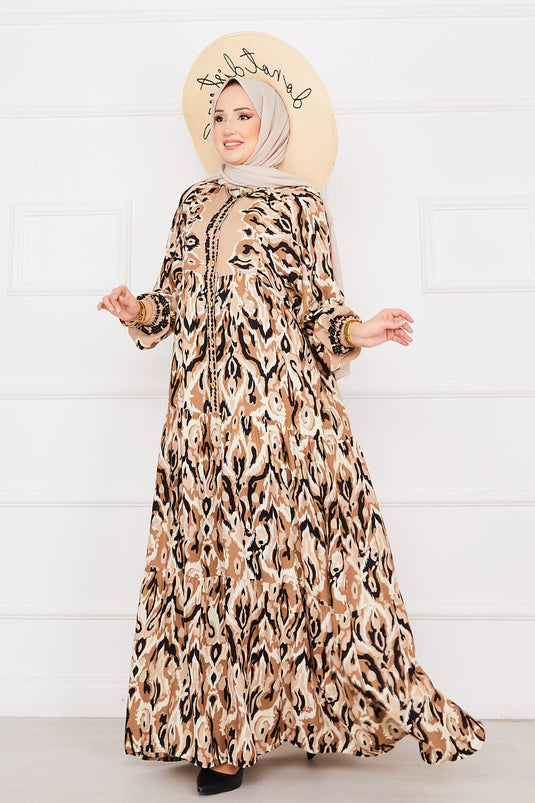 Buttoned Patterned Viscose Hijab Dress Mink