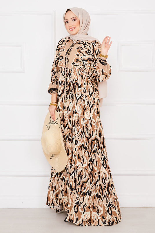 Buttoned Patterned Viscose Hijab Dress Mink