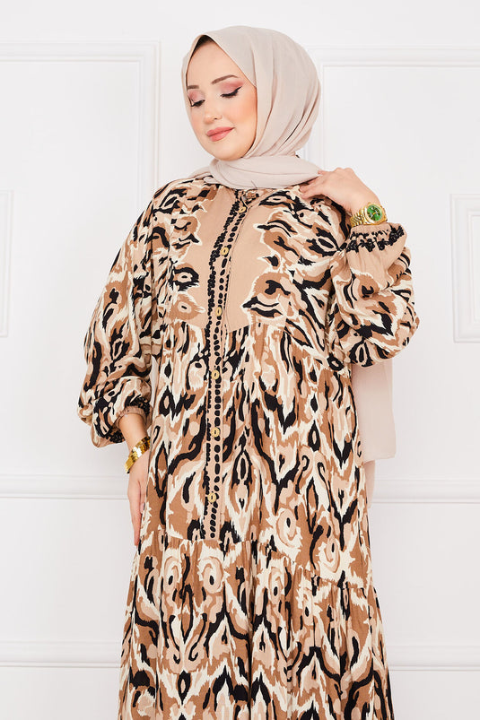 Buttoned Patterned Viscose Hijab Dress Mink