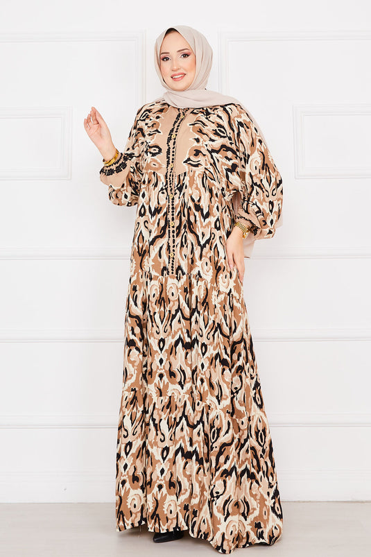 Buttoned Patterned Viscose Hijab Dress Mink