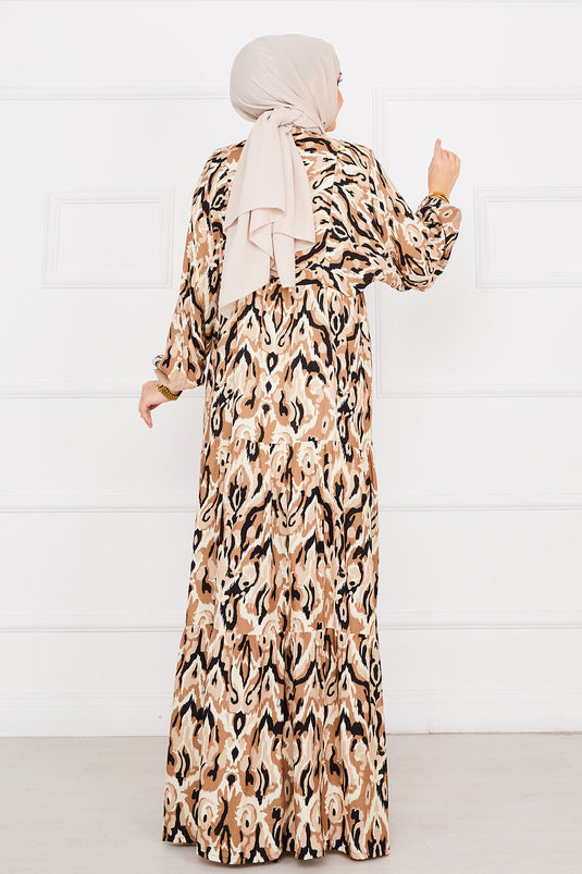 Buttoned Patterned Viscose Hijab Dress Mink