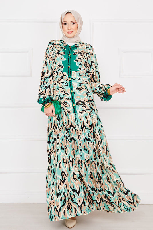 Buttoned Patterned Viscose Hijab Dress Emerald