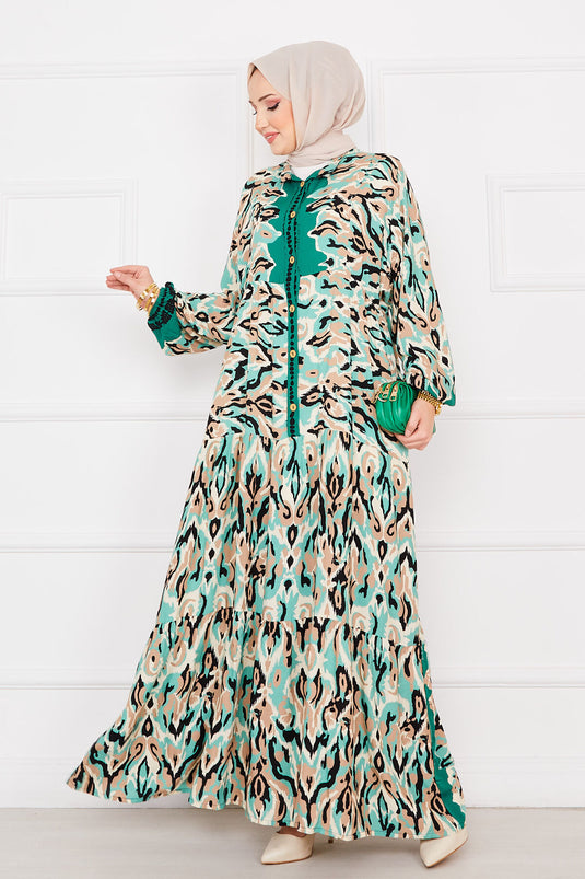 Buttoned Patterned Viscose Hijab Dress Emerald